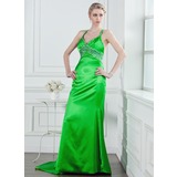 Sheath V-neck Court Train Charmeuse Prom Dress With Beading Sequins (018005236)