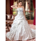 De baile Sem alça Cauda catedral Tafetá Organza Vestido de noiva com Bordados Pregueado Cintos Bordado Lantejoulas (002004589)