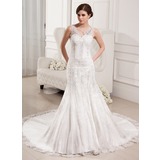 Mermaid V-neck Chapel Train Satin Tulle Wedding Dress With Lace Beadwork (002000330)