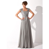 A-formet/Prinsesse Firkantet hals Gulv lengde Chiffon Kjole til brudens mor med Frynse Beading (008005692)