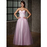 A-Line/Princess Sweetheart Floor-Length Satin Tulle Prom Dress With Lace (018005099)