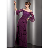 A-Line/Princess Off-the-Shoulder Floor-Length Chiffon Tulle Charmeuse Mother of the Bride Dress With Lace Beading Sequins (008005753)