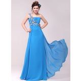 Impero Monospalla Al pavimento Chiffon Abito da sera con Increspature Perline Applique (017014019)