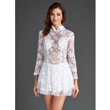 A-Line/Princess High Neck Short/Mini Tulle Lace Cocktail Dress With Ruffle (016015591)