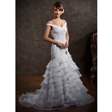 A-Line/Princess Off-the-Shoulder Sweep Train Organza Satin Wedding Dress With Ruffle Lace Beadwork (002008188)