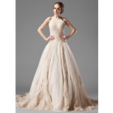 A-Line/Princess Halter Chapel Train Satin Tulle Wedding Dress With Lace Beadwork (002000154)
