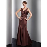 Mermaid V-neck Floor-Length Satin Evening Dress With Ruffle Crystal Brooch (017014758)