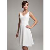 A-Line/Princess V-neck Knee-Length Chiffon Bridesmaid Dress With Ruffle Beading (007001083)