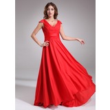 A-Line/Princess V-neck Sweep Train Chiffon Tulle Bridesmaid Dress With Ruffle (007016838)