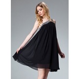 Vestidos princesa/ Formato A Um ombro Na altura do joelho Chiffon Vestido de Férias com Pregueado Bordado (020003242)