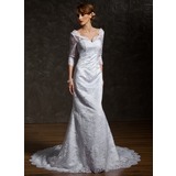 Mermaid V-neck Court Train Satin Lace Wedding Dress With Beadwork (002011518)