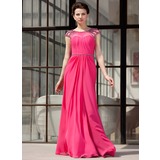 A-Line/Princess Scoop Neck Floor-Length Chiffon Tulle Evening Dress With Ruffle Beading (017022865)