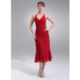 Empire V-neck Tea-Length Chiffon Bridesmaid Dress With Ruffle (007004277)