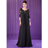 Empire V-neck Sweep Train Chiffon Tulle Mother of the Bride Dress With Lace Beading (008018687)