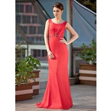 Sheath Scoop Neck Sweep Train Chiffon Mother of the Bride Dress With Ruffle Beading (008018968)