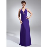 Sheath V-neck Floor-Length Chiffon Holiday Dress With Ruffle Crystal Brooch (020003308)