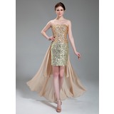 Sheath Strapless Asymmetrical Chiffon Satin Prom Dress With Beading Sequins (018018895)