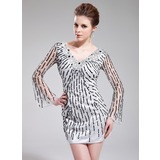 Sheath V-neck Short/Mini Organza Charmeuse Prom Dress With Beading Sequins (018019180)