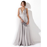A-Line/Princess V-neck Floor-Length Charmeuse Evening Dress With Ruffle (017020657)