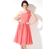A-Line/Princess One-Shoulder Knee-Length Chiffon Bridesmaid Dress With Ruffle Flower(s) (007004220)