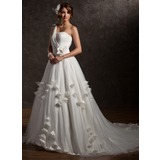 De baile Um ombro Cauda corte Cetim Tule Vestidos de noiva com Pregueado Renda Bordado fecho de correr (002006373)