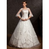 Ball-Gown V-neck Floor-Length Satin Tulle Wedding Dress With Lace Beadwork (002015168)
