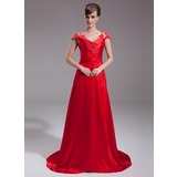 A-Line/Princess V-neck Sweep Train Charmeuse Lace Evening Dress With Ruffle Beading (017005598)