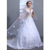 De baile Decote V Cauda capela cetim tule Vestido de noiva com laço Cintos Bordado (002000546)