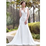 Mermaid Halter Chapel Train Chiffon Wedding Dress With Ruffle Lace Beadwork (002012033)