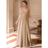 A-Lijn/Prinses V-nek Vloerlengte Chiffon Moeder van de Bruid Jurk met Roes (008024440)