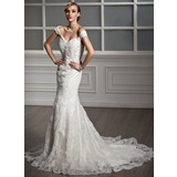 Mermaid Off-the-Shoulder Court Train Satin Tulle Wedding Dress With Lace Beadwork (002011499)