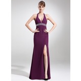 Sheath Halter Sweep Train Chiffon Prom Dress With Beading (018004886)