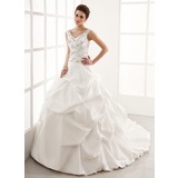 Ball-Gown V-neck Chapel Train Taffeta Wedding Dress With Ruffle Beadwork (002004595)