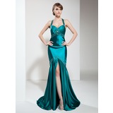 Mermaid Halter Sweep Train Charmeuse Prom Dress With Ruffle Beading (018002823)