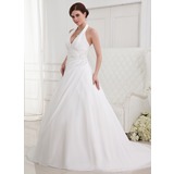 A-Line/Princess Halter Court Train Chiffon Wedding Dress With Ruffle Lace Beadwork (002012787)