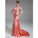 Sheath V-neck Watteau Train Charmeuse Evening Dress With Ruffle Beading (017004461)