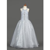 A-Line/Princess Halter Floor-Length Organza Sequined Flower Girl Dress With Ruffle Beading (010007389)