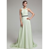 A-Line/Princess V-neck Floor-Length Charmeuse Oscar Style Dresses With Ruffle  Sash (028005019)