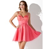 A-Line/Princess Sweetheart Short/Mini Tulle Charmeuse Homecoming Dress With Beading Sequins (022020626)