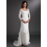 A-Line/Princess Square Neckline Sweep Train Chiffon Lace Holiday Dress With Ruffle Beading (020016837)