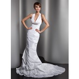 Meerjungfrau-Linie Neckholder Hof-Schleppe Taft Brautkleid mit Rüschen Kristalle Blumen Brosche (002013769)