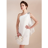 Tubino Monospalla Al ginocchio Chiffon Abito per matrimonio con Increspature Perline (002011748)