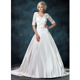 Ball-Gown V-neck Court Train Satin Tulle Wedding Dress With Ruffle Lace Sashes (002011615)