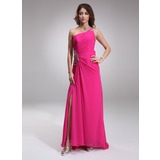 Sheath One-Shoulder Sweep Train Chiffon Prom Dress With Ruffle Beading (018005097)
