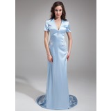 Sheath V-neck Court Train Charmeuse Mother of the Bride Dress With Appliques (008006067)