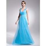 A-Line/Princess V-neck Floor-Length Satin Tulle Prom Dress With Ruffle Beading (018021131)