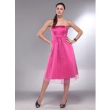 A-Line/Princess Strapless Knee-Length Satin  Tulle Maternity Bridesmaid Dresses With Ruffle (045013064)
