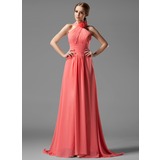 A-Line/Princess Halter Sweep Train Chiffon Bridesmaid Dress With Ruffle Flower(s) (007004138)