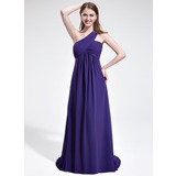 Império Um ombro Cauda vassoura Chiffon Vestido de madrinha com Pregueado Beading (007025605)