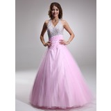 A-Line/Princess Halter Floor-Length Satin Tulle Quinceanera Dress With Ruffle Beading Sequins (021004662)